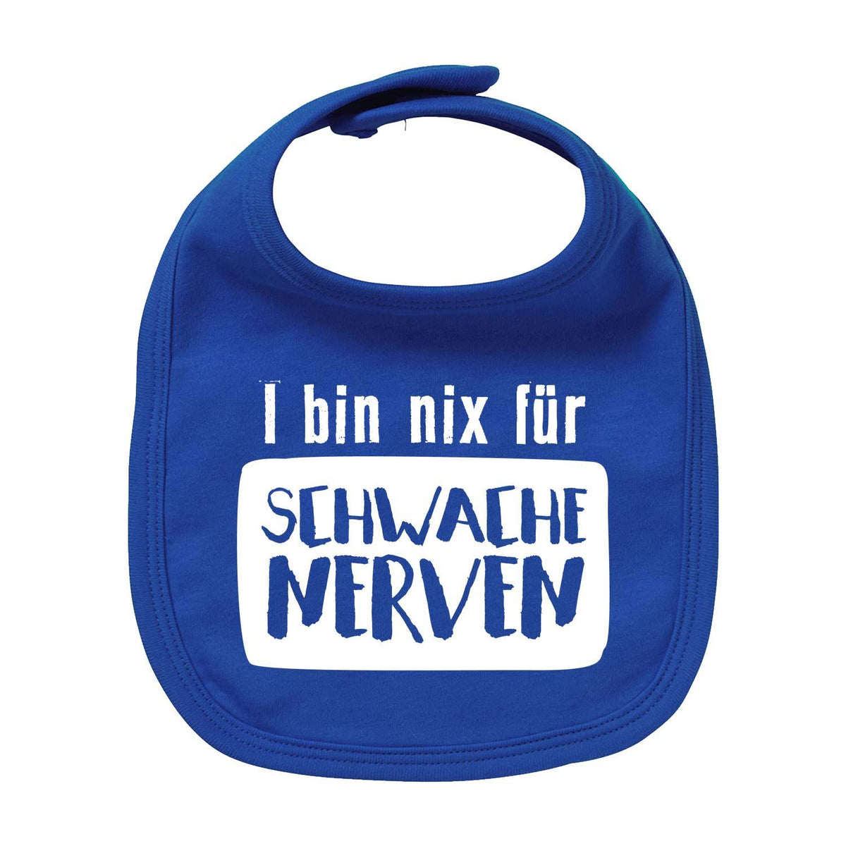 Blaues Lätzchen "nix für schwache Nerven" mit weißem Spruch. Süßes Baby-Lätzchen für starke Eltern.