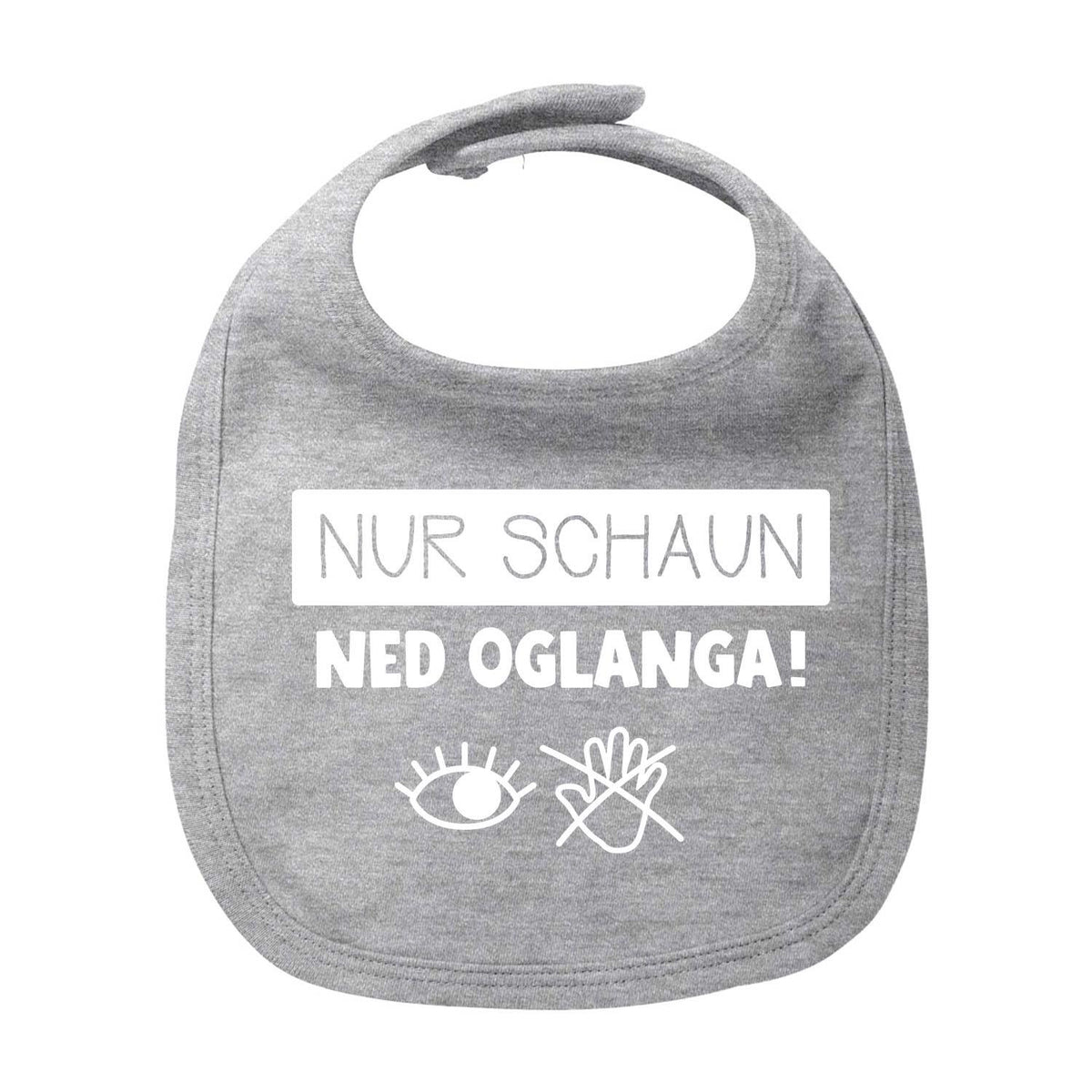 Graues Baumwoll Lätzchen "Nur schaun..." mit weißem Aufdruck und Comic-Symbolen, ideal für Babys