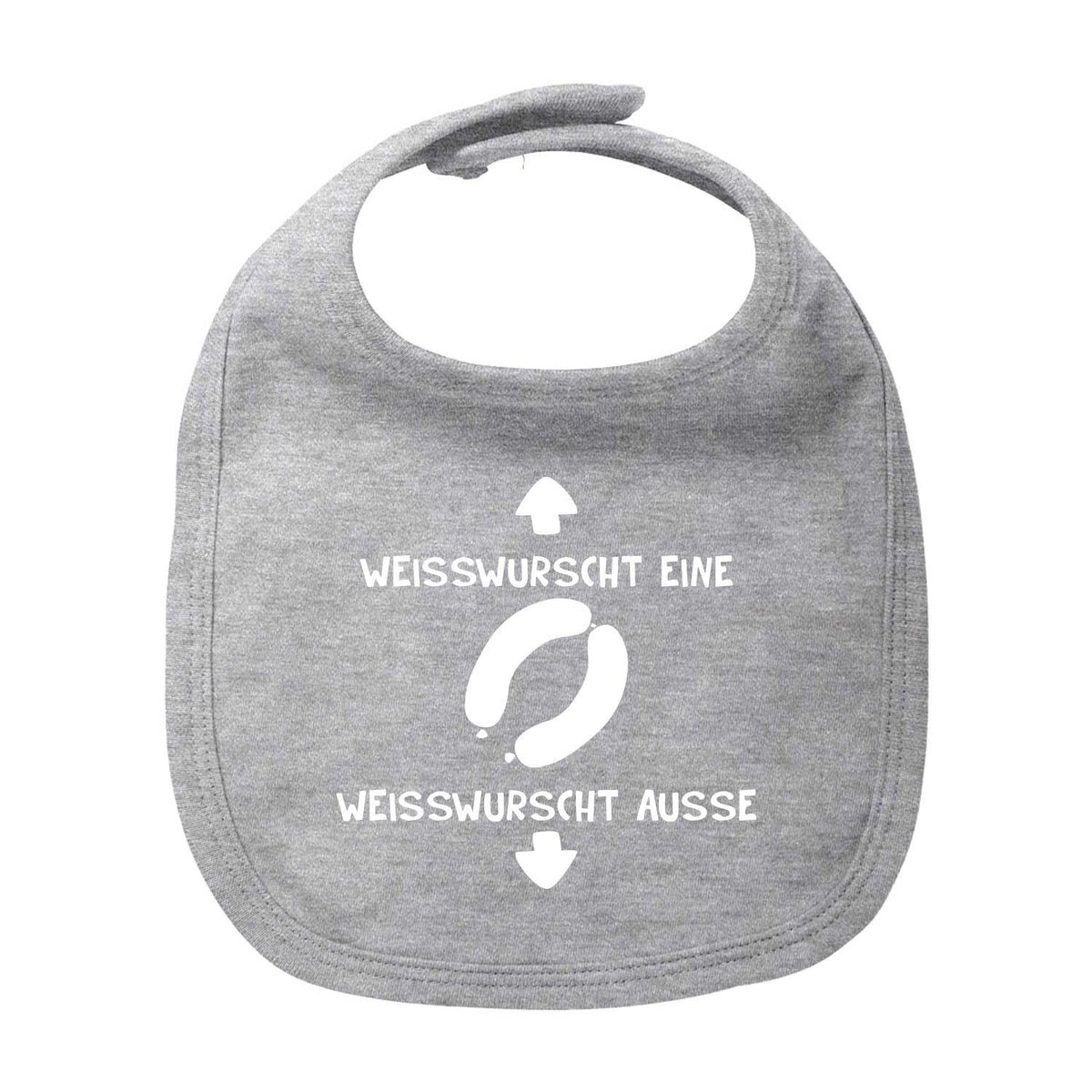 Graues Lätzchen "Weisswurscht" mit lustigem Spruch und Weisswurst-Grafik für Babys, praktischer Klettverschluss.