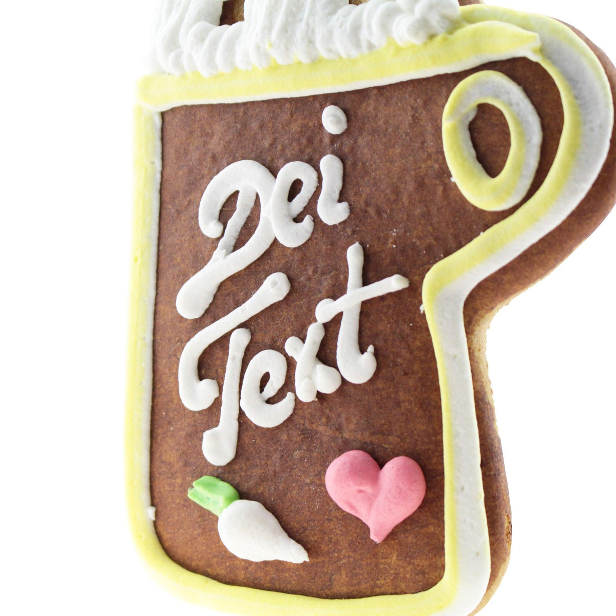 Lebkuchenherz in Form eines Bierkrugs mit weißer Zuckergussinschrift Dei Text, rosa Herz und kleinem Radieschen.
