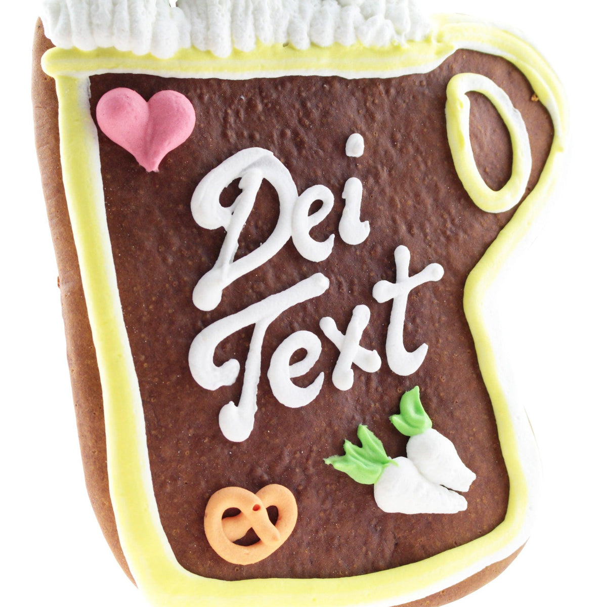 Lebkuchen Herz in Bierkrugform mit personalisierbarer Aufschrift, verziert mit Brezel, Radieschen und Herz