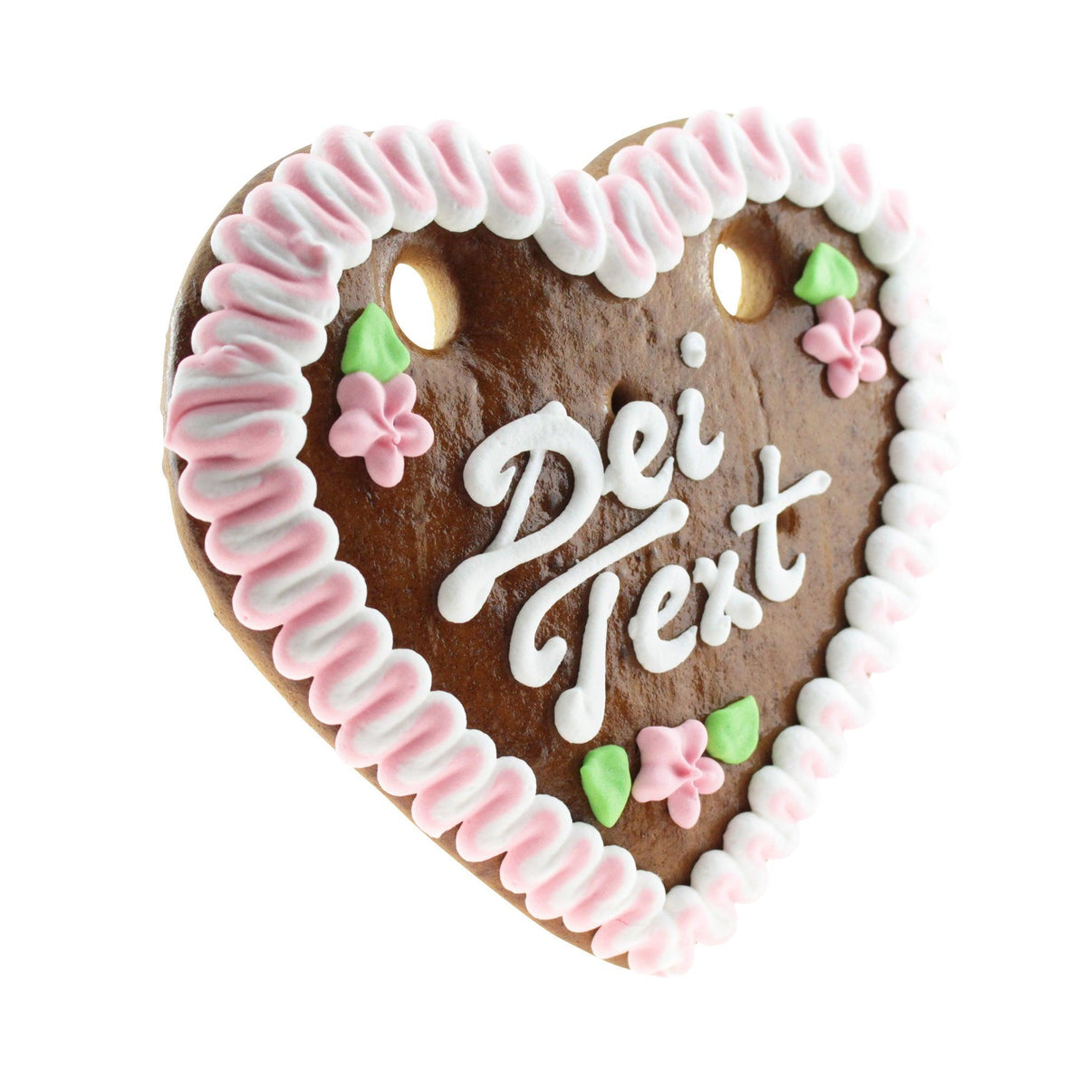 Herzförmiger Lebkuchen mit Zuckerguss-Verzierung und Schriftzug "Dei Text", dazu rosa Blüten und grüne Blätter.