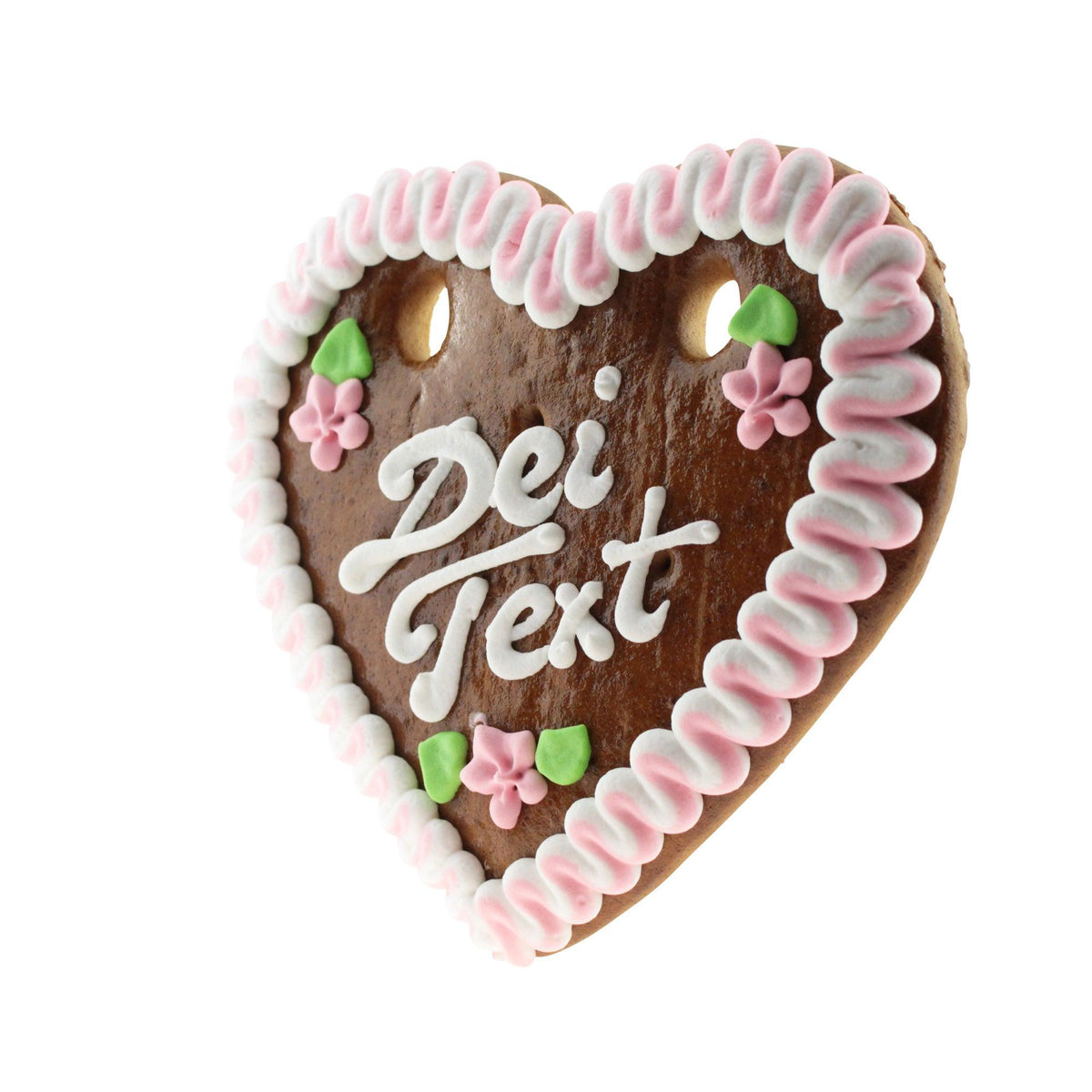 Lebkuchenherz mit individuell gestaltbarer Schrift "Dei Text", rosa-weißem Rand und kleinen Blüten.