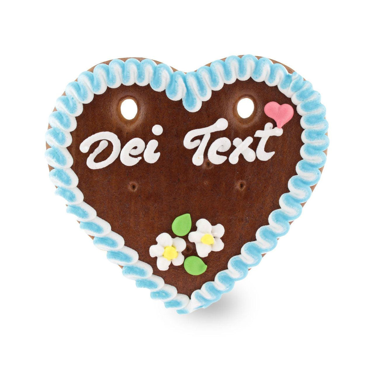 Personalisiertes Lebkuchenherz mit blauem Zuckerstreuselrand, Aufschrift "Dei Text" und weißen Blüten.