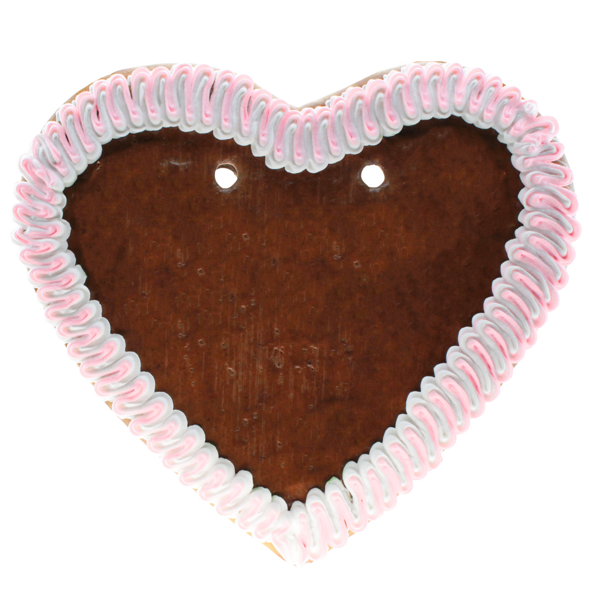 Braunes Lebkuchenherz mit rosa-weißem geschwungenem Zuckerrand und zwei Löchern für eine Wunschtext-Beschriftung.
