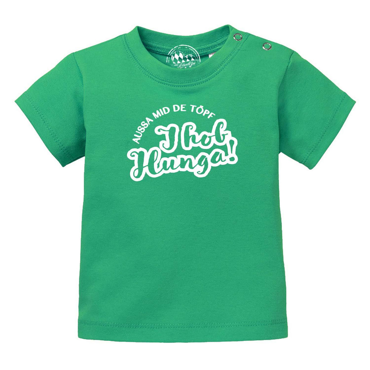 Grünes Baby T-Shirt Aussa mid de Töpf… mit weißem Spruch und praktischen Druckknöpfen an der Schulter.