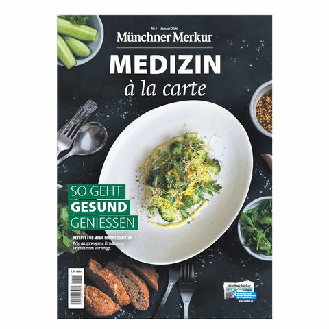 Vorderseite des Magazins "Medizin à la carte" mit gesundem Gericht, frischen Zutaten und Besteck.