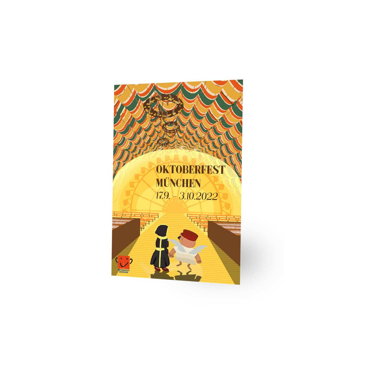 Kleiner Magnet "Oktoberfest 2022" mit Karussell, Riesenrad und zwei Figuren in Tracht, Retro-Design.