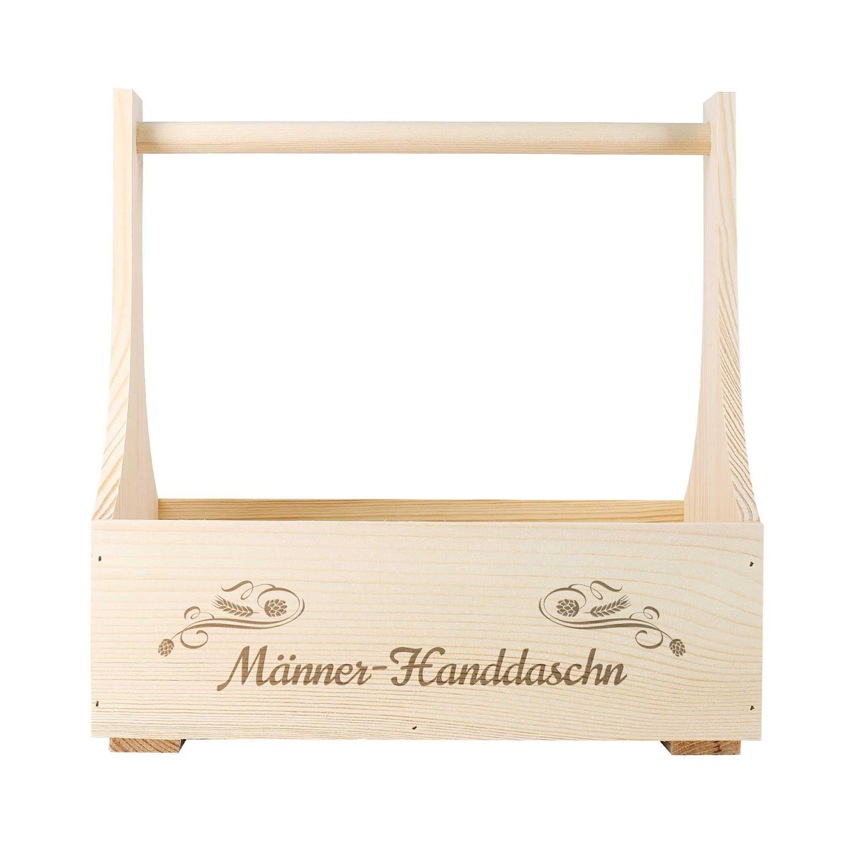 Helle Holz-Männerhandtasche mit Gravur und Verzierungen aus Hopfen und Getreide, ideal für Geschenkideen.