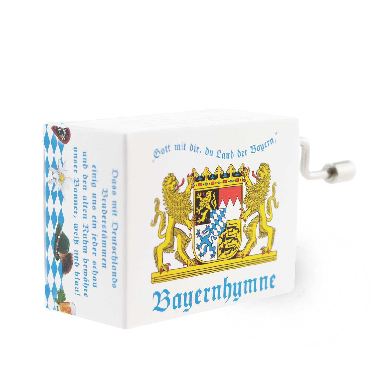 Weiße Mini-Drehorgel Bayernhymne mit landestypischen Motiven, bayerischem Wappen und Liedtext.