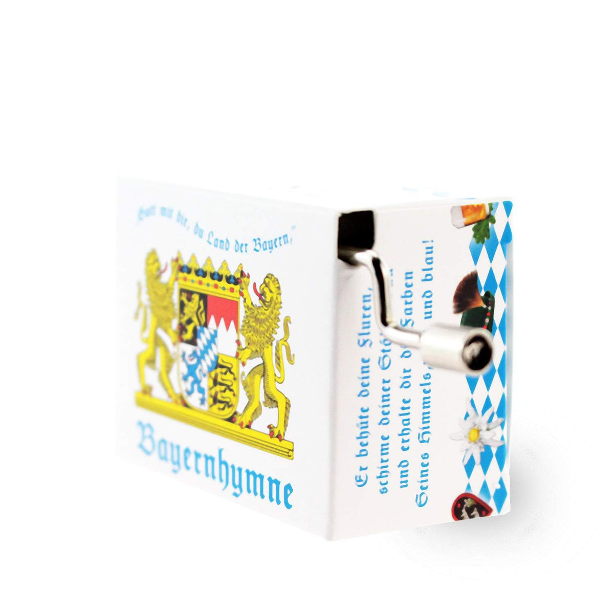 Weiße Mini-Drehorgel Bayernhymne mit buntem bayerischem Wappen und Karomuster. Geschenk Bayern.