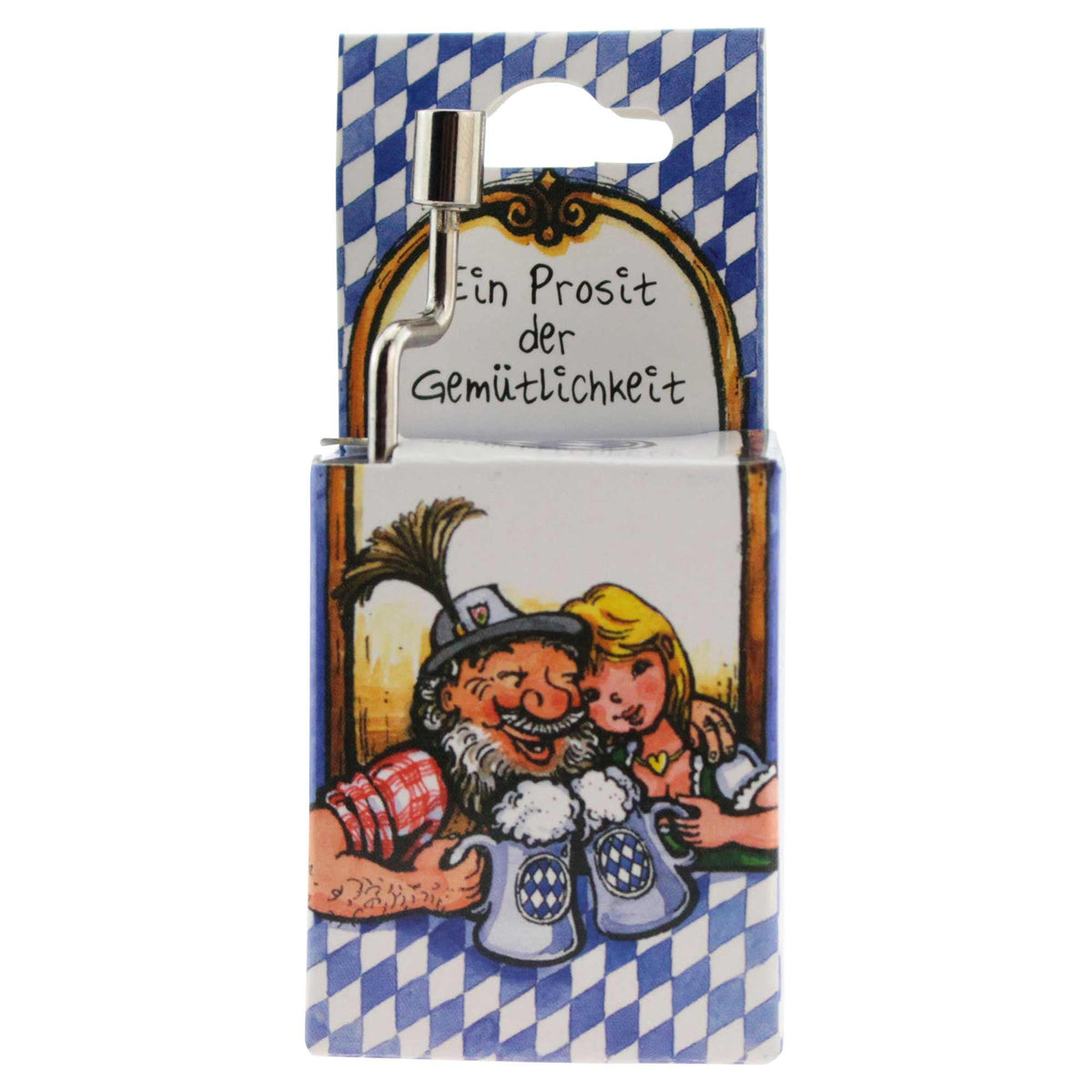 Magnet mit bayerischem Muster, traditionellen Figuren und Spruch "Ein Prosit der Gemütlichkeit