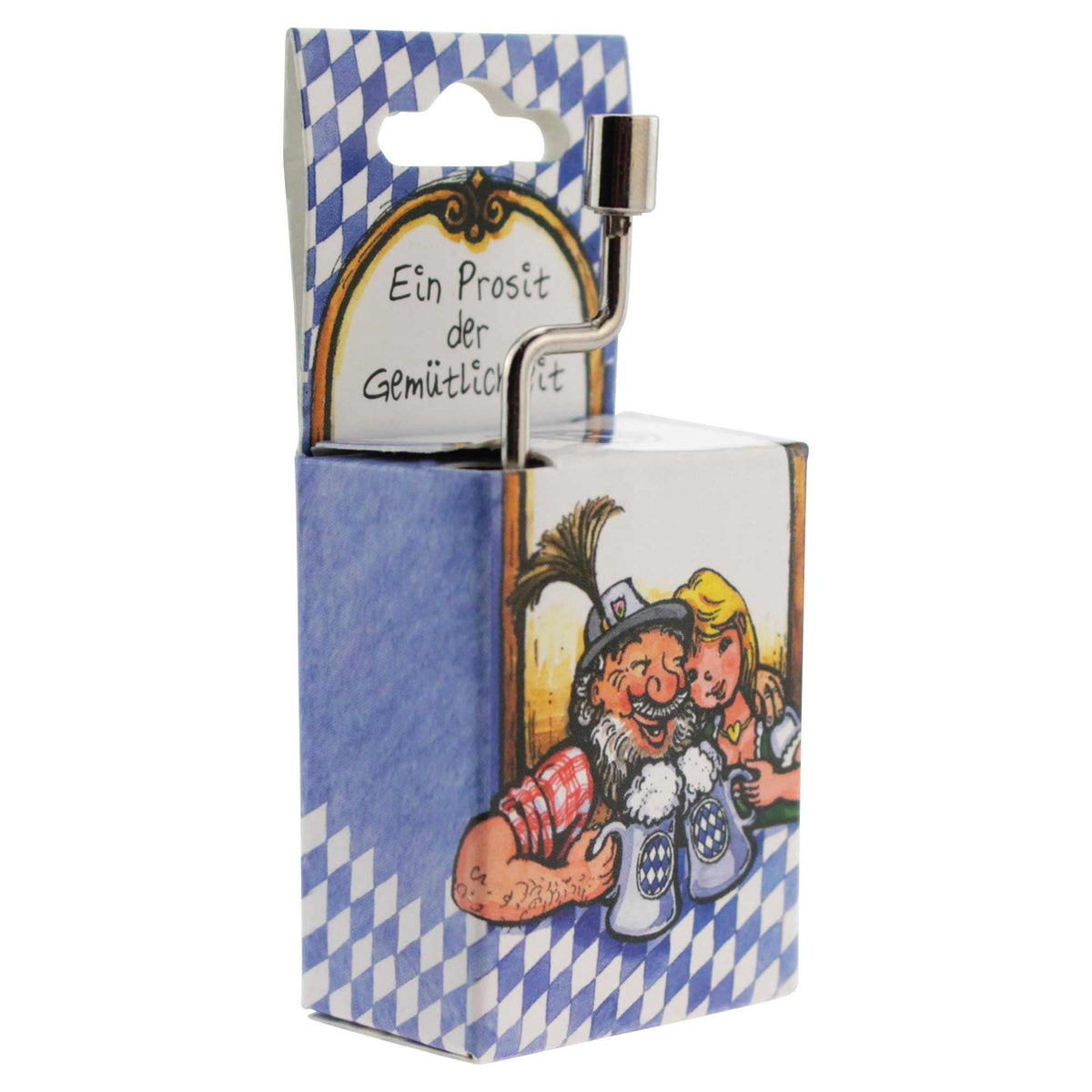 Bayerische Spieluhr mit Kurbel, blau-weißem Rautenmuster und Oktoberfestmotiv auf weißem Hintergrund.