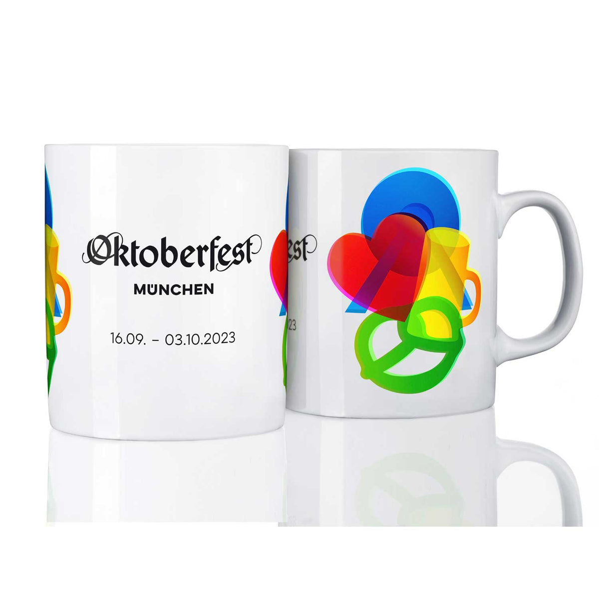 Offizielle Oktoberfest-Sammlertasse 2023 mit buntem Herz-, Brezel- und Krug-Design auf weißem Hintergrund.