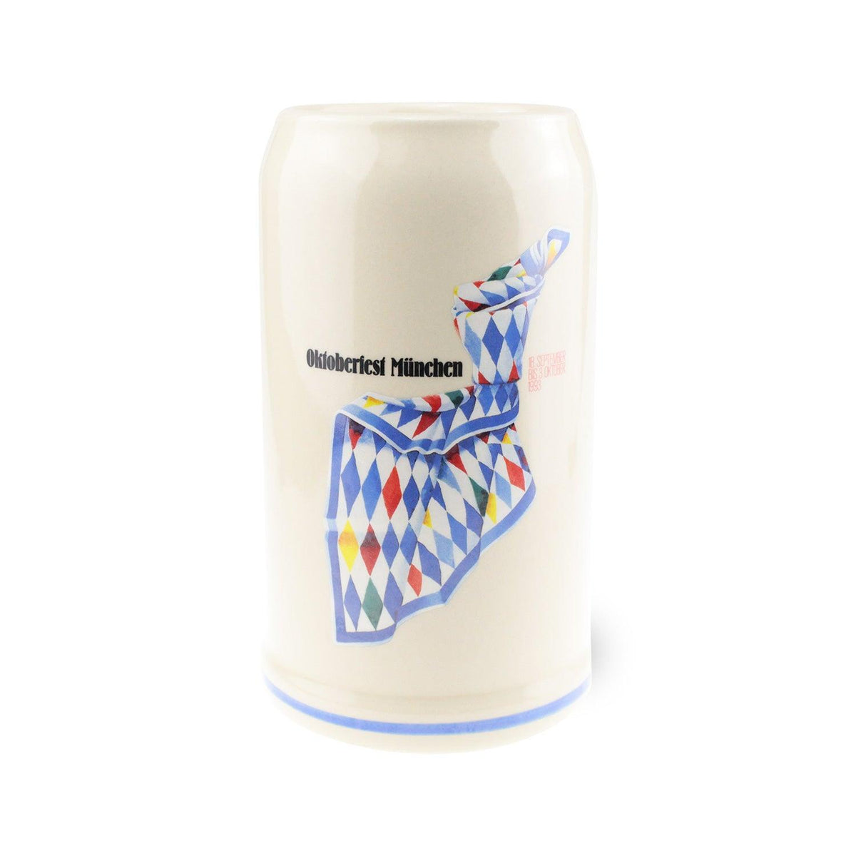 Beiger offizieller Oktoberfestkrug 1993 mit blau-weißem Rautenmuster und Oktoberfest München Schriftzug.