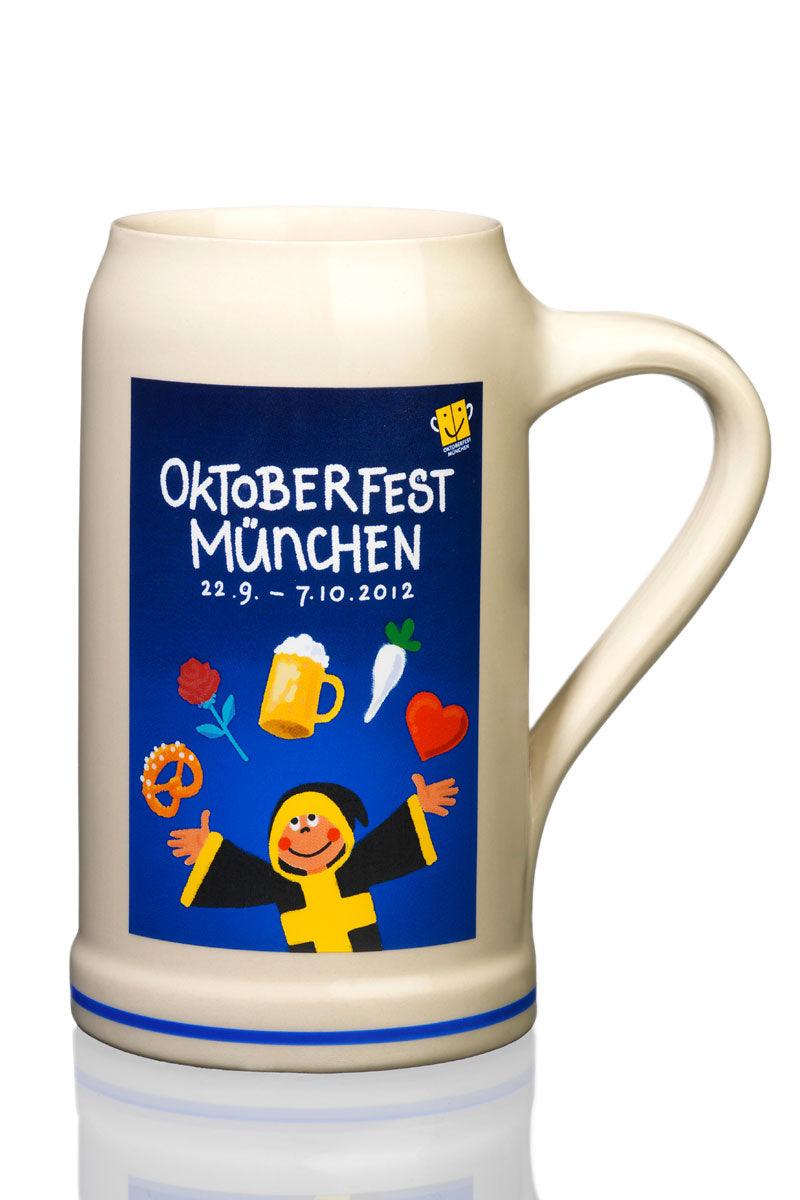 Offizieller Oktoberfestkrug 2012 aus Keramik mit blauem Dekor und Münchner Kindl Motiv.