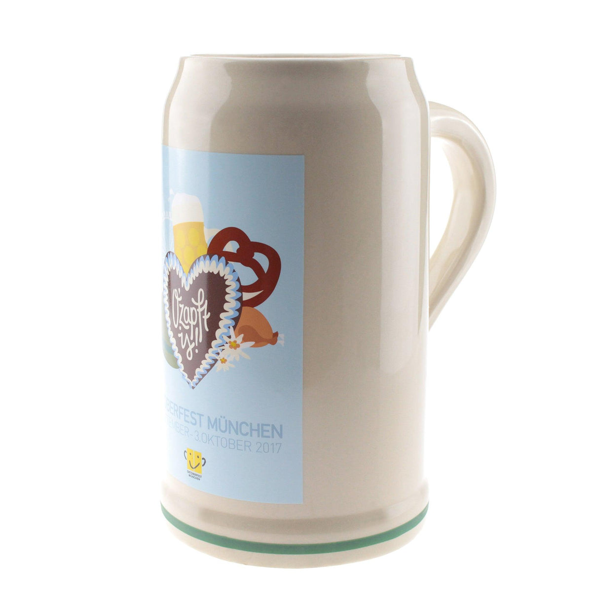 Beiger Keramikkrug, Offizieller Oktoberfestkrug 2017 mit hellblauem "O’zapft is!" Motiv und grünem Rand.