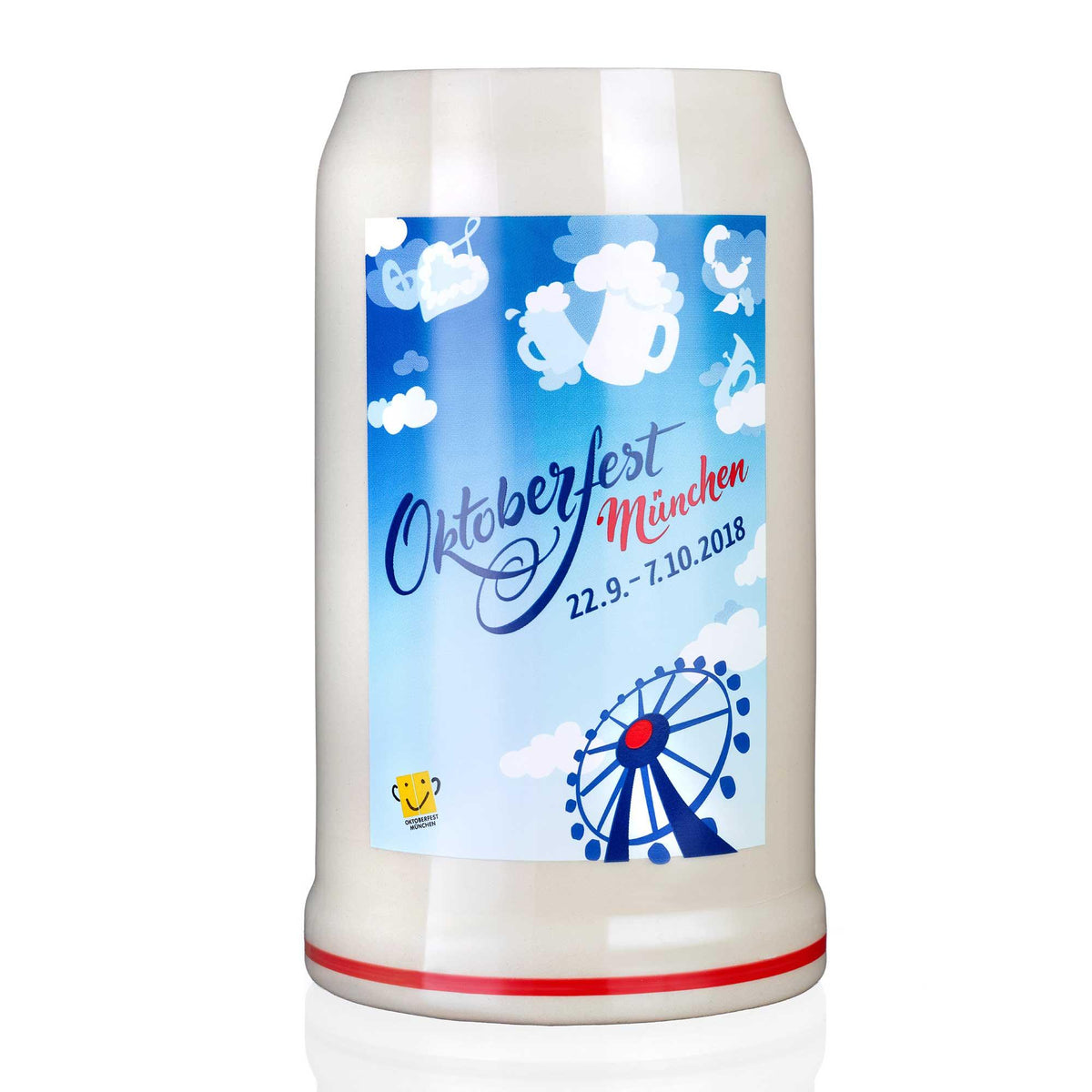 Offizieller Oktoberfestkrug 2018; weißer Keramikkrug mit blauem Aufdruck von Riesenrad, Bierkrügen und Schriftzug.