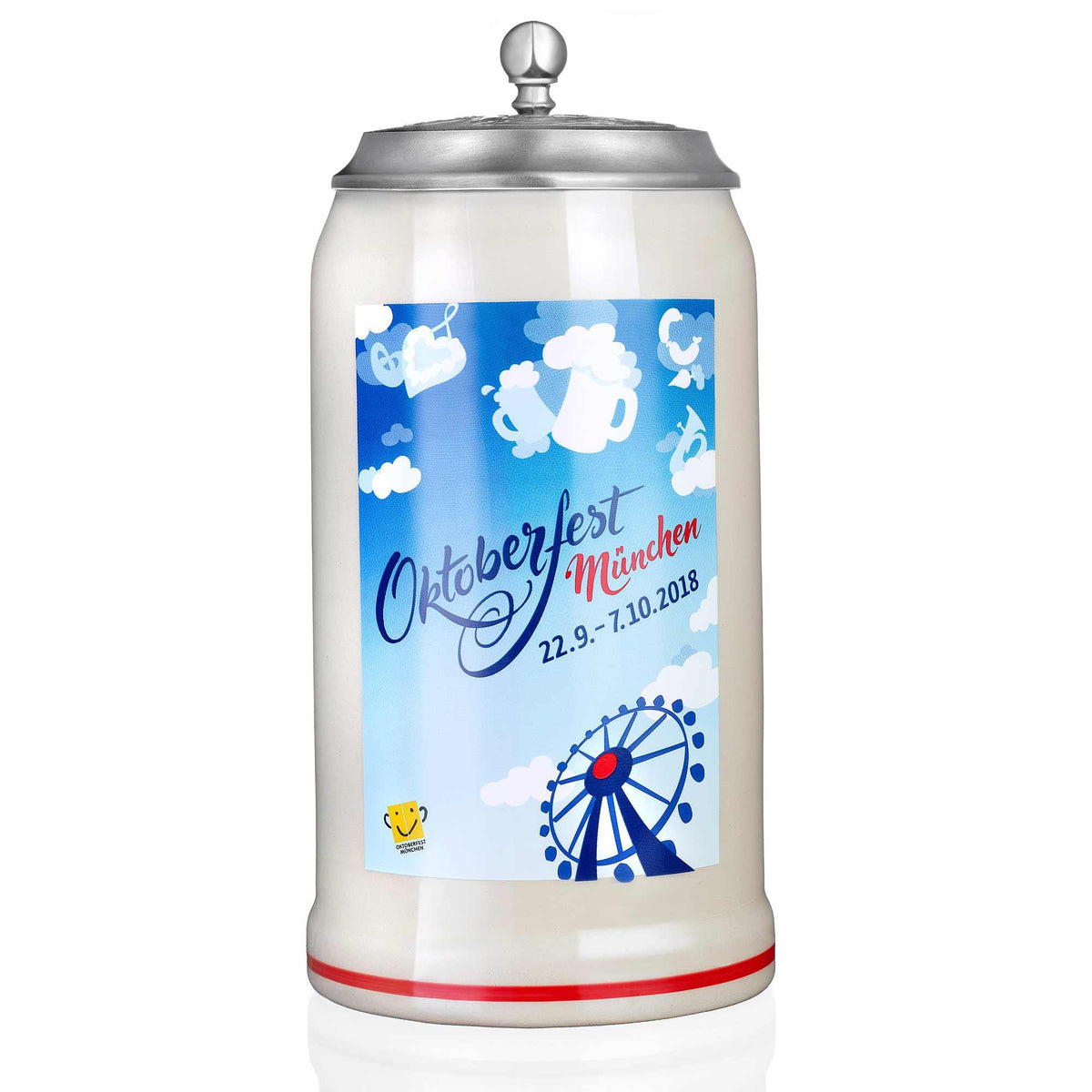 Offizieller Oktoberfestkrug 2018 mit Zinndeckel, blauem Motiv von Riesenrad & Bierkrügen auf weißem Grund.