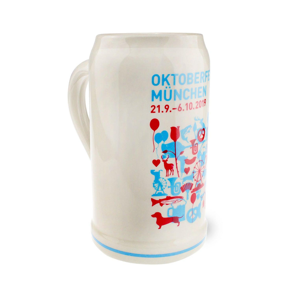 Offizieller Oktoberfestkrug 2019 aus Keramik mit typischen Motiven wie Brezel, Hirsch und Dachshund.