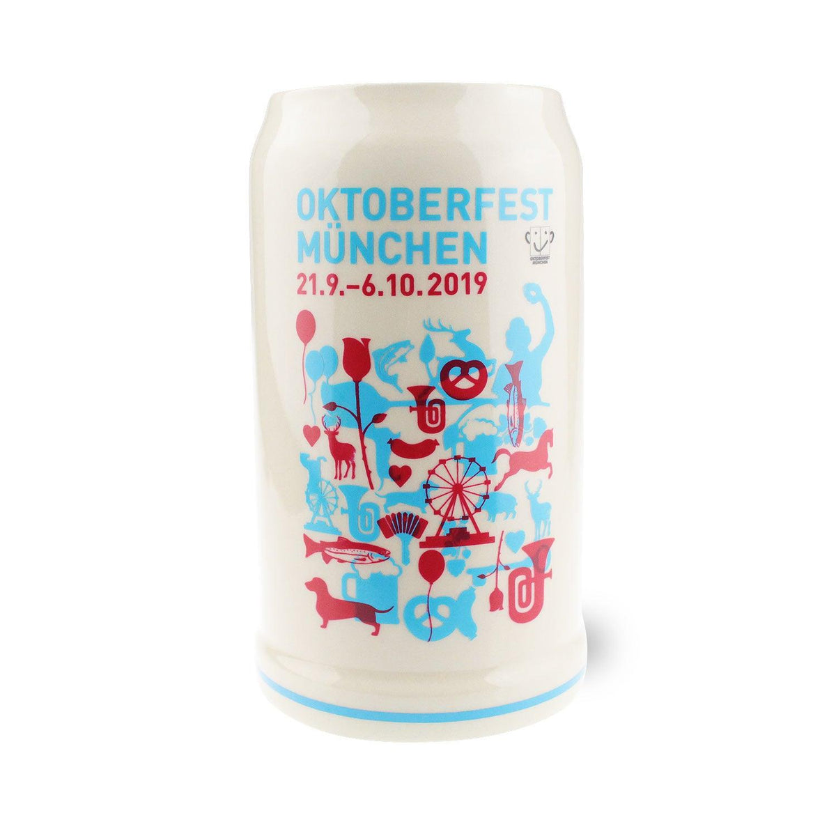 Offizieller Oktoberfestkrug 2019 aus Keramik mit farbenfrohen München-Motiven und Datumsangabe, Sammlerstück.