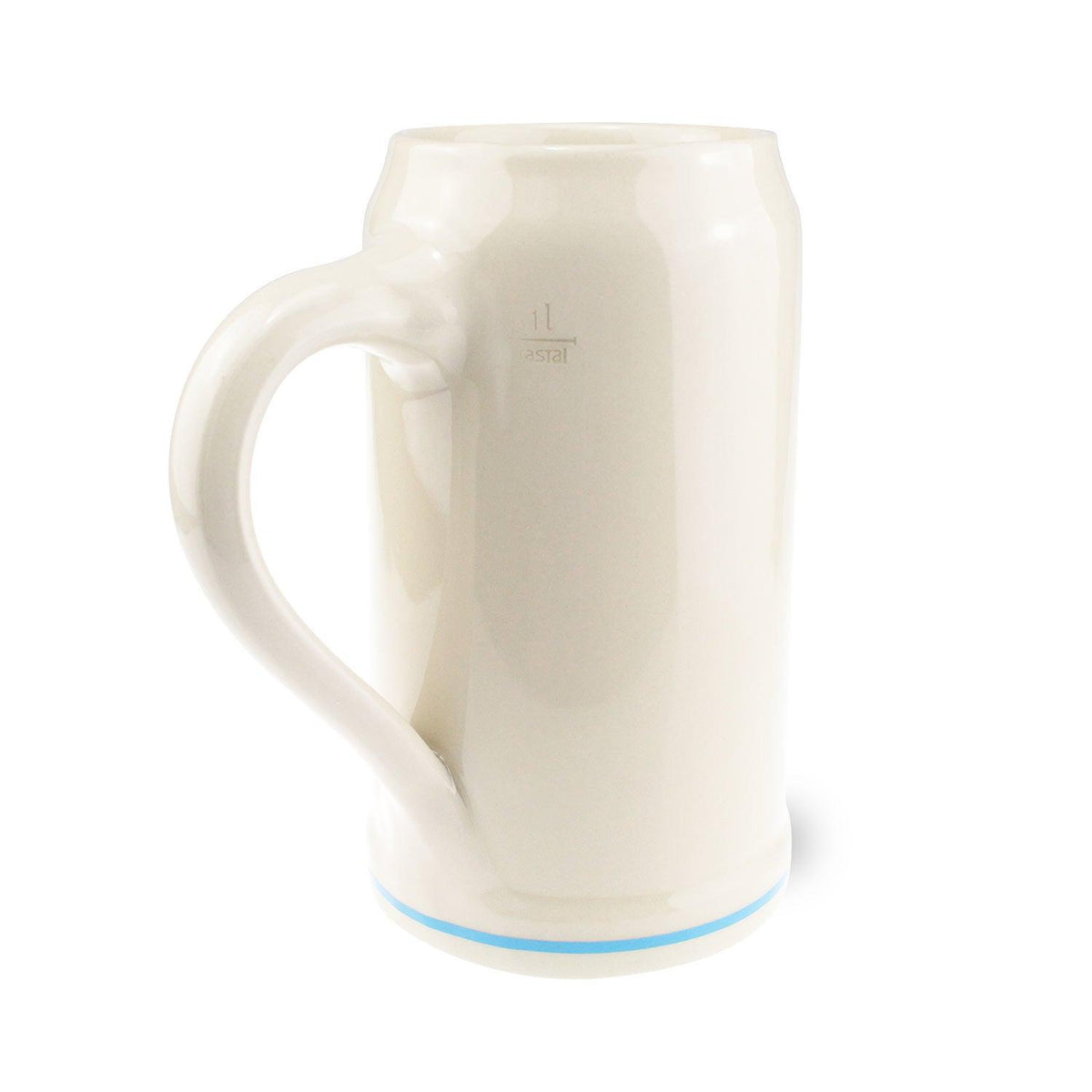Offizieller Oktoberfestkrug 2019 aus Keramik in Creme mit Henkel und blauer Zierlinie, Volumenmarkierung 1 Liter.