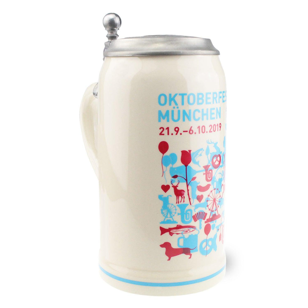 Offizieller Oktoberfestkrug 2019 mit Zinndeckel und farbenfrohem Design von Münchener Sehenswürdigkeiten und Symbolen.