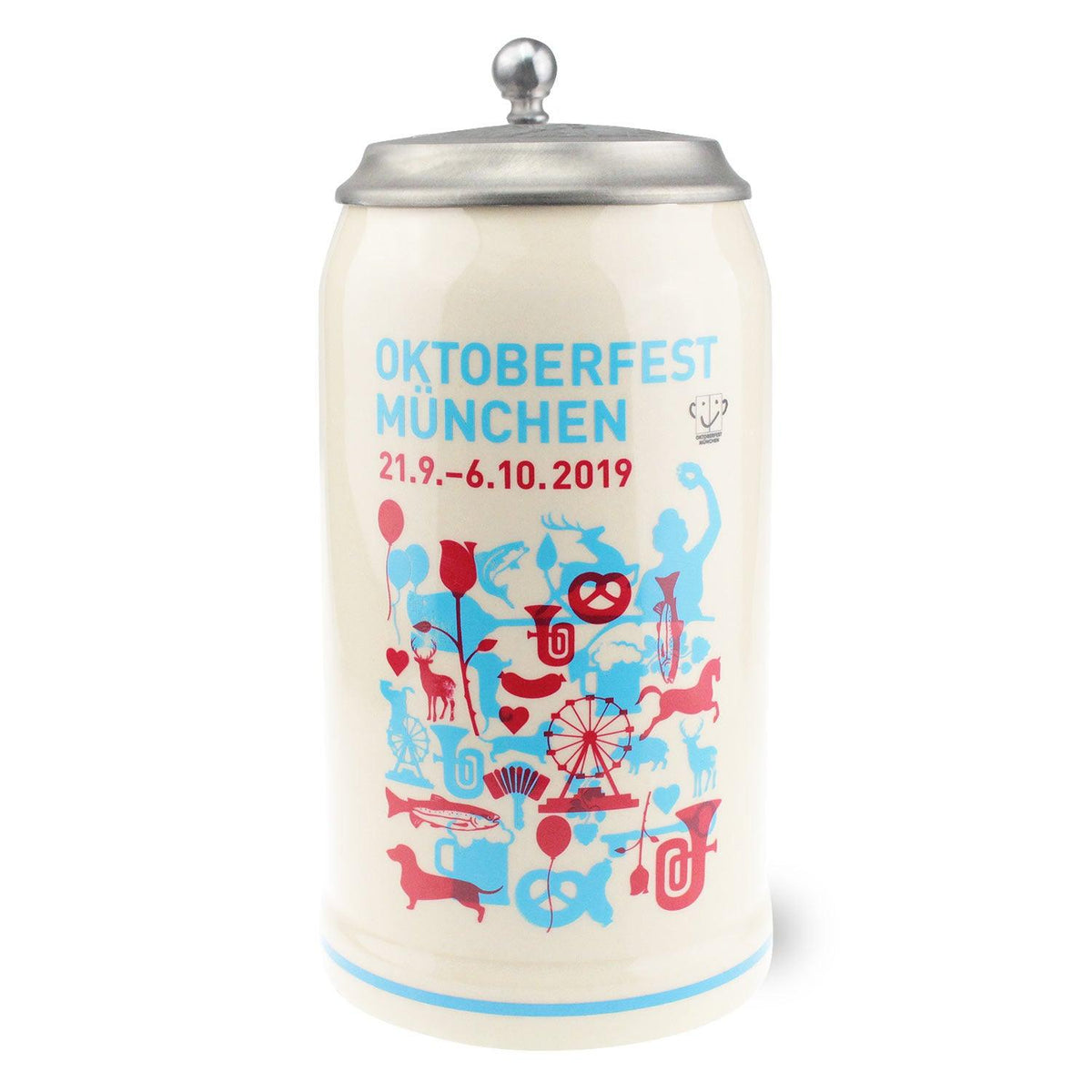 Offizieller Oktoberfestkrug 2019 mit Zinndeckel und buntem, detailliertem Motto-Design in Rot und Blau.