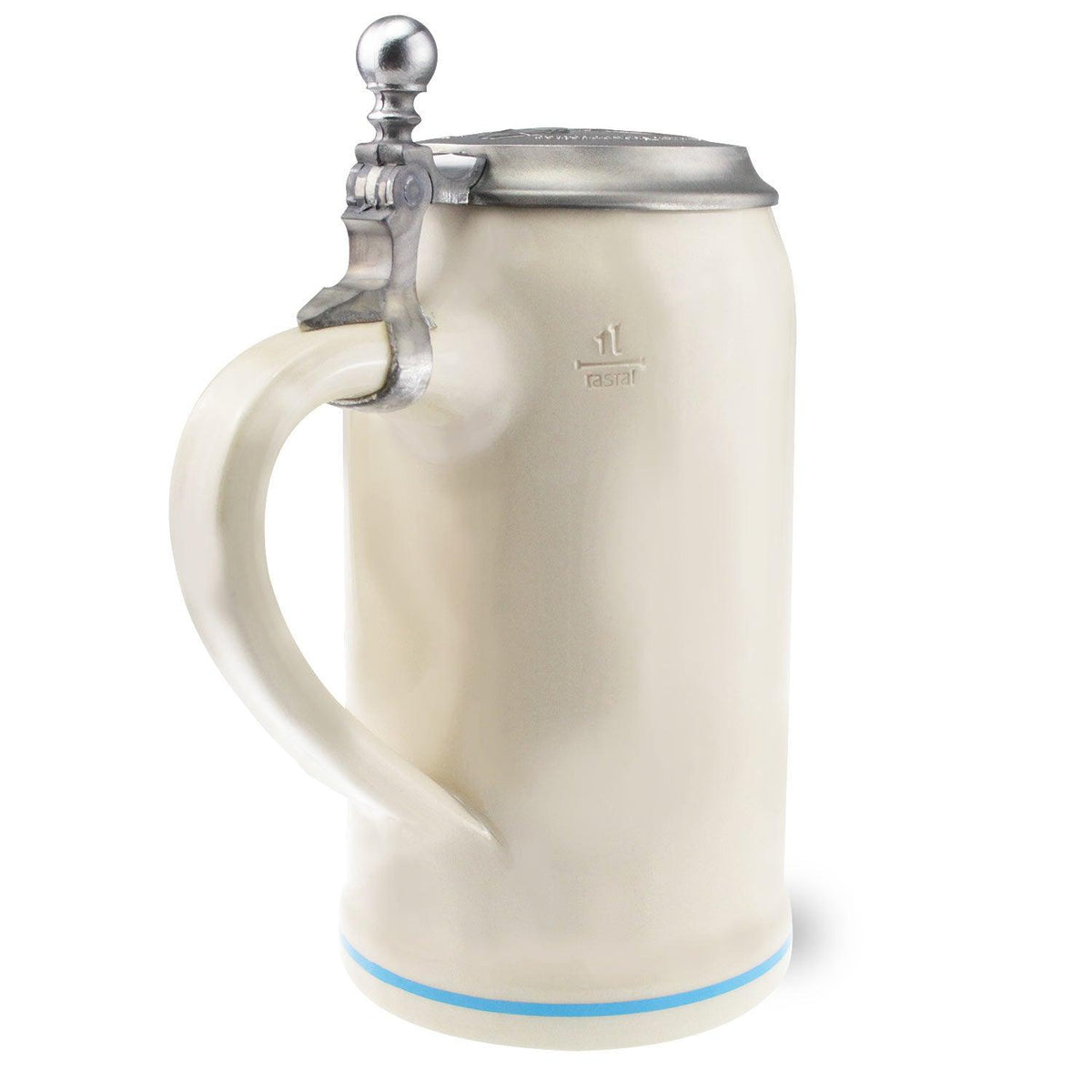 Offizieller Oktoberfestkrug 2019 Tonkrug mit Zinndeckel und Henkel, 1 Liter Füllstrich, blauem Rand unten.