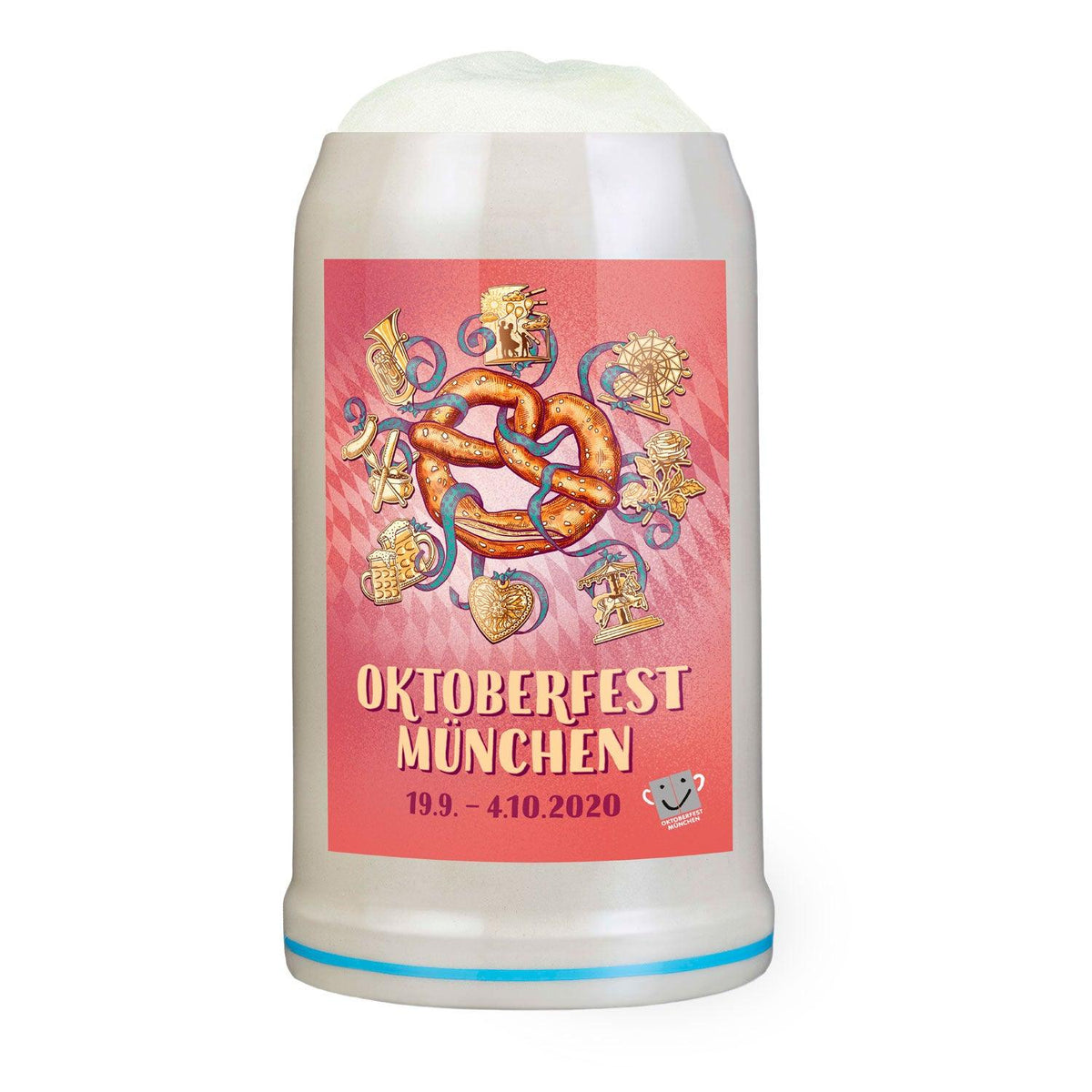 Offizieller Oktoberfestkrug 2020 mit weißem Steingut, Brezel-Design und bunten Münchner Motiven.