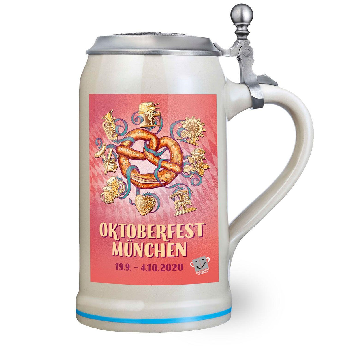 Offizieller Oktoberfestkrug 2020 mit Zinndeckel und Festmotiv auf weißem Keramikkrug mit blauem Rand.