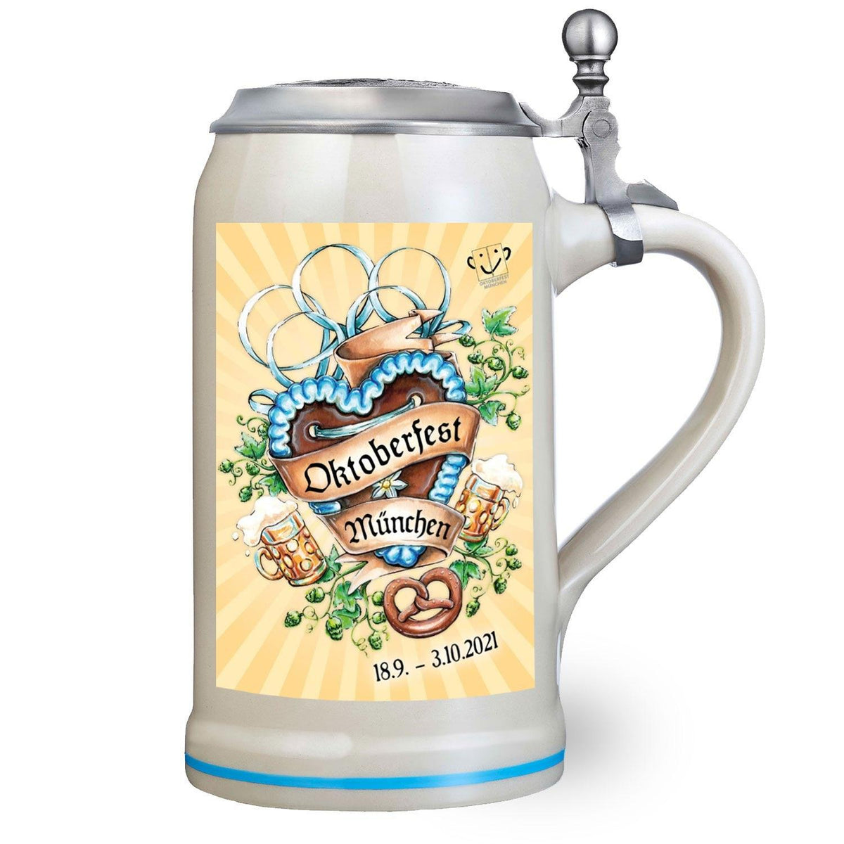 Offizieller Oktoberfestkrug 2021 mit Deckel, weißem Keramik und traditionellem Münchner Herzmotiv.