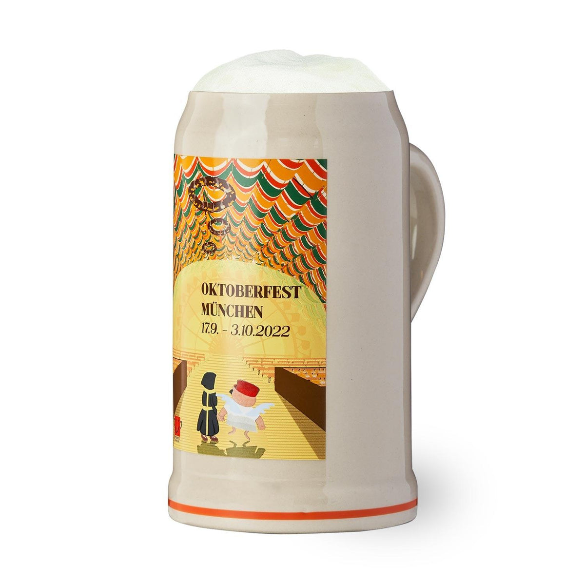 Offizieller Oktoberfestkrug 2022 mit buntem Design, Schriftzug Oktoberfest München und Schaumkrone.
