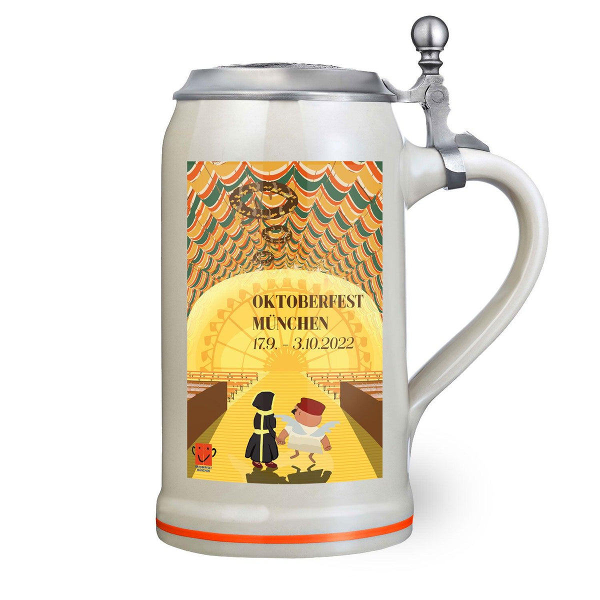 Offizieller Oktoberfestkrug 2022 mit Deckel, beigem Keramik, bunter Illustration von Volksfesttreiben mit Riesenrad.