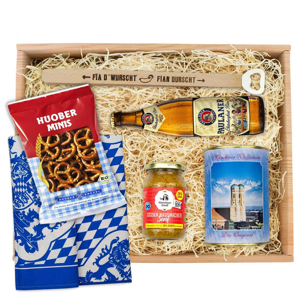 Oktoberfest-Box Weißwurstfrühstück mit Paulaner Bier, Weißwürsten, süßem Senf, Brezel-Minis und bayerischem Geschirrtuch.