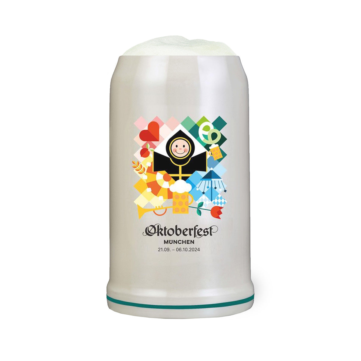 Offizieller Oktoberfestkrug 2024 aus Keramik, weiß mit buntem, modernem Oktoberfest-Design und Münchner Schriftzug.
