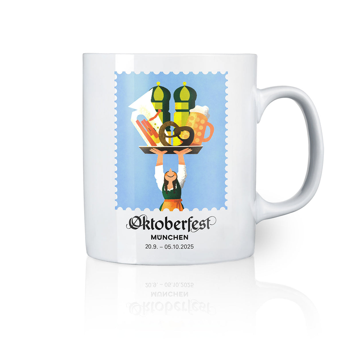 Offizielle Oktoberfest-Sammlertasse 2025 mit bayerischer Bedienung, Brezeln, Würsten und Bierkrug in Briefmarken-Optik abb.