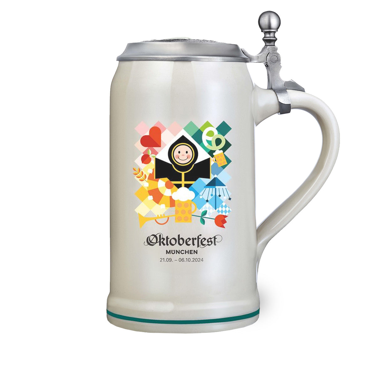 Offizieller Oktoberfestkrug 2024 mit buntem Motiv, Datumsangabe und hochwertigem Zinndeckel, B-Ware.