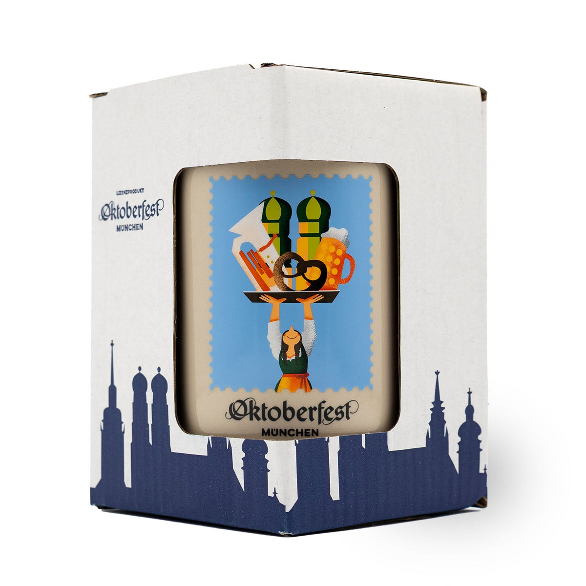 Verpackung des Offiziellen Oktoberfestkrug 2025 mit bayerischer Kellnerin und Münchner Skyline-Silhouette.