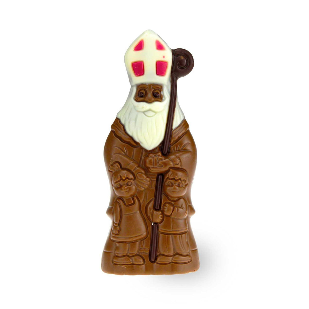 Schokoladen-Nikolaus in Brauntönen mit weißem Bart und Mitra, dazu zwei Kinder, als "Weihnachtsbox Weihnachtsfeier Nikolaus
