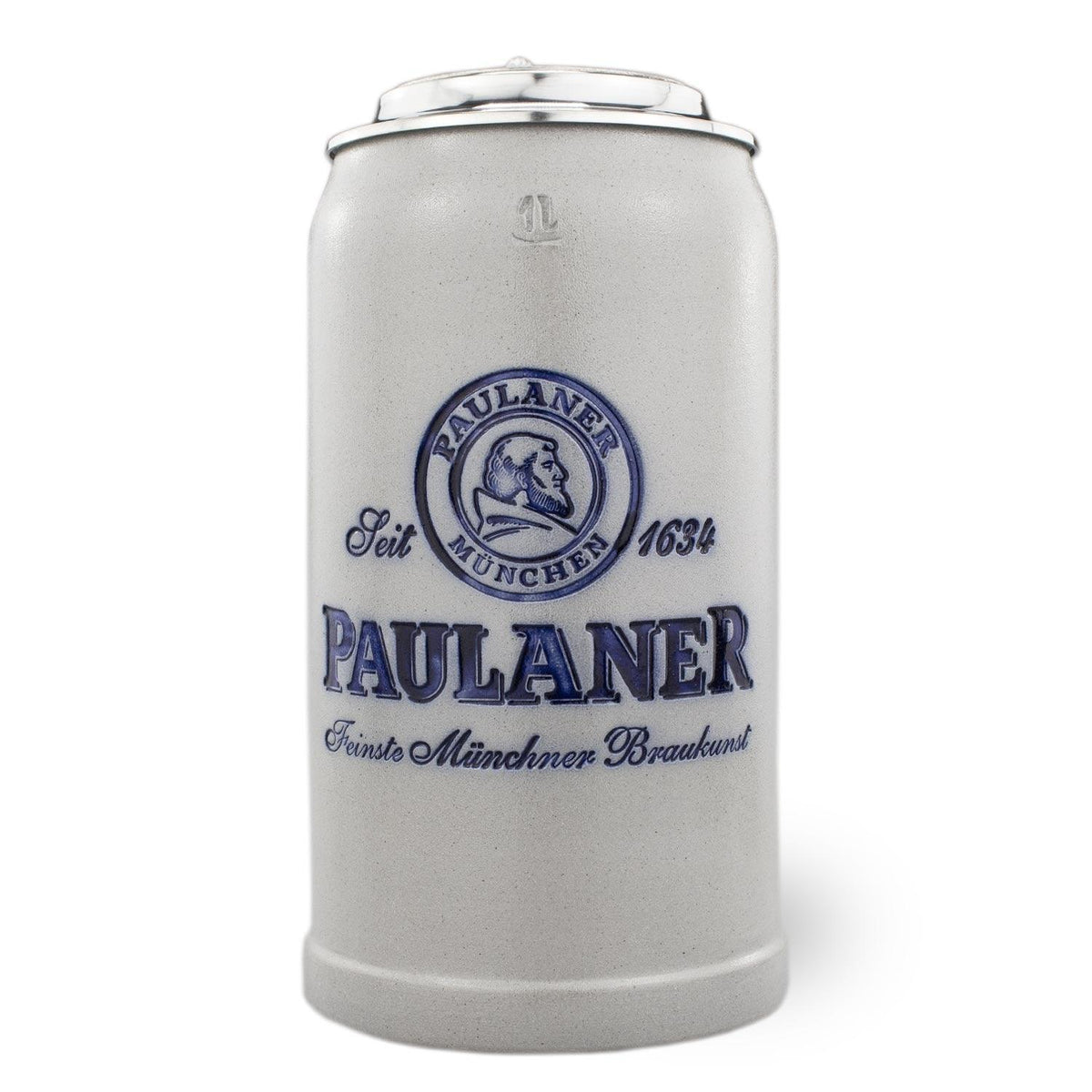 Grauer Paulaner Bierkrug aus Keramik mit blauem Logo-Aufdruck, Schriftzug "München" und Zinndeckel 1 Liter.