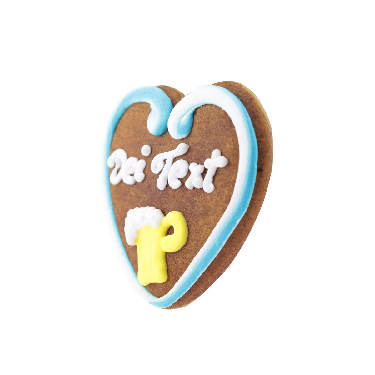 Braunes Lebkuchenherz mit blau-weißem Rand, gelbem Bierkrug und weißem Aufschriftmuster, perfekt für Oktoberfest.