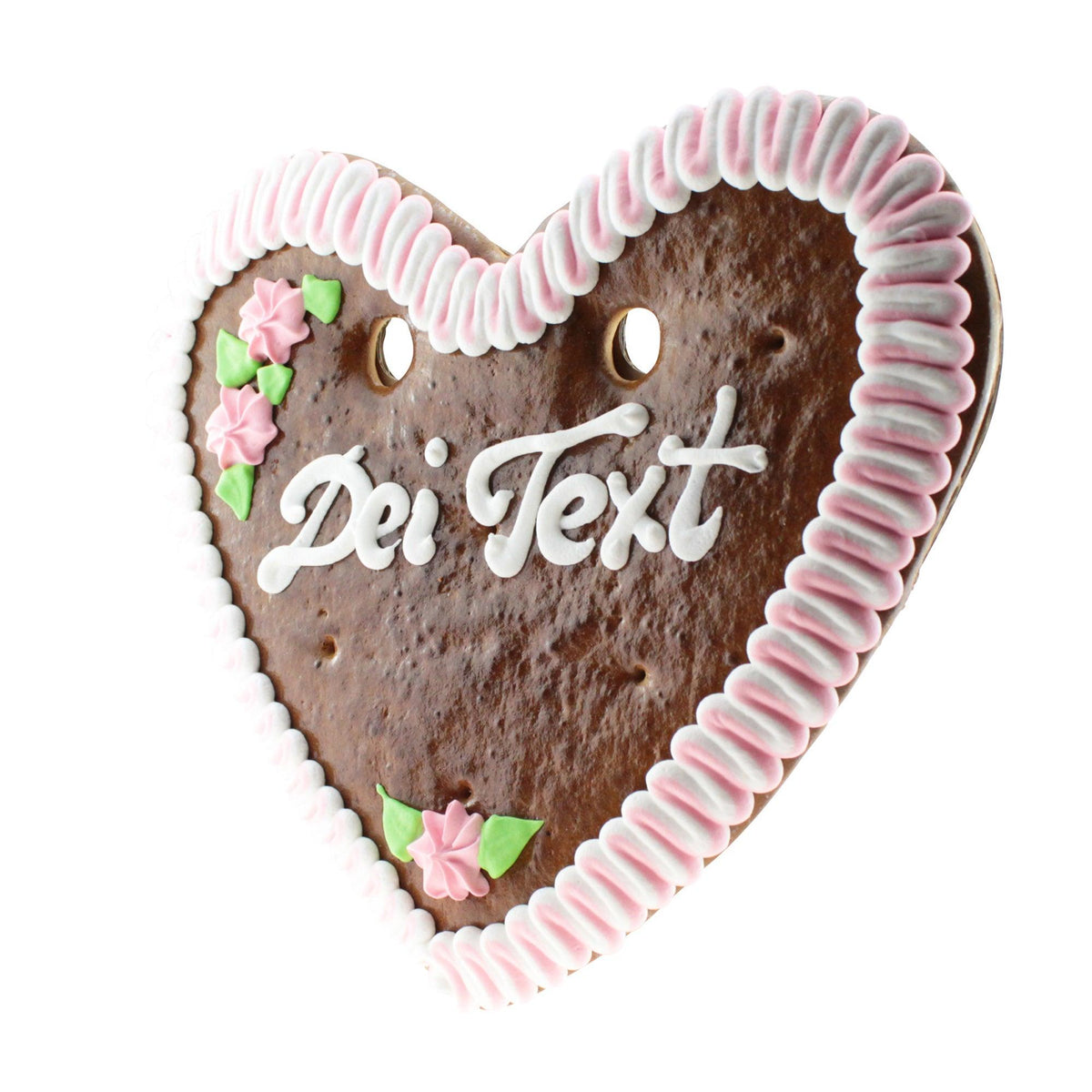 Personalisiertes Lebkuchenherz mit der Aufschrift "Dei Text", rosa und weißer Zuckergussverzierung, ideal für Feste.