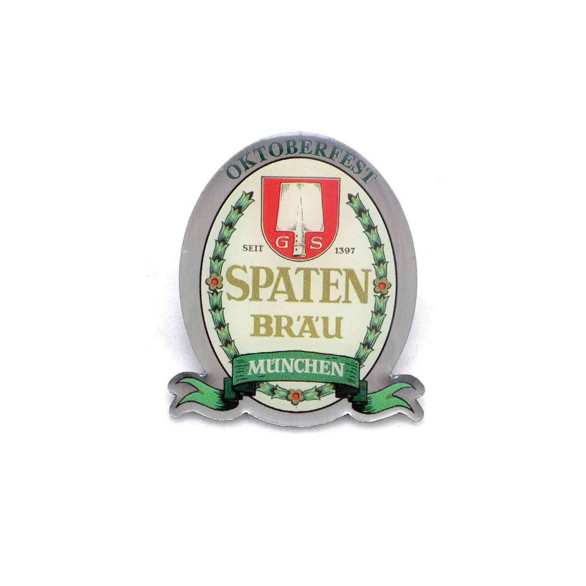 Metall-Magnet mit Spatenbräu Oktoberfest München Logo, umrandet von stilisierten Hopfenblüten.