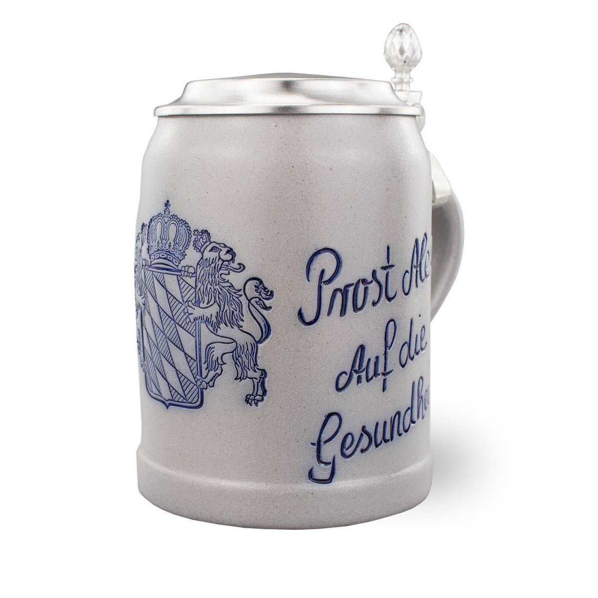 Grauer Bierkrug aus Keramik mit blauem, bayerischem Wappen, Löwe und Schriftzug "Prost Auf die Gesundheit".