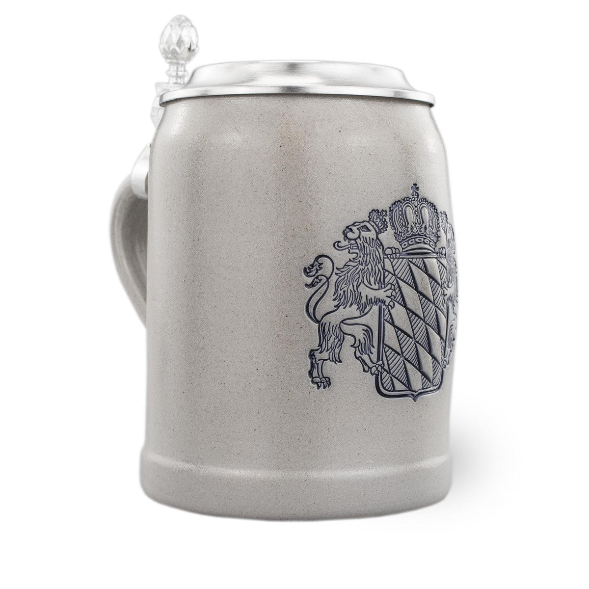 PREMIUM Bierkrug Bayernwappen mit Zinndeckel: Wappen mit Löwe und Krone, hellgraues Steinzeug