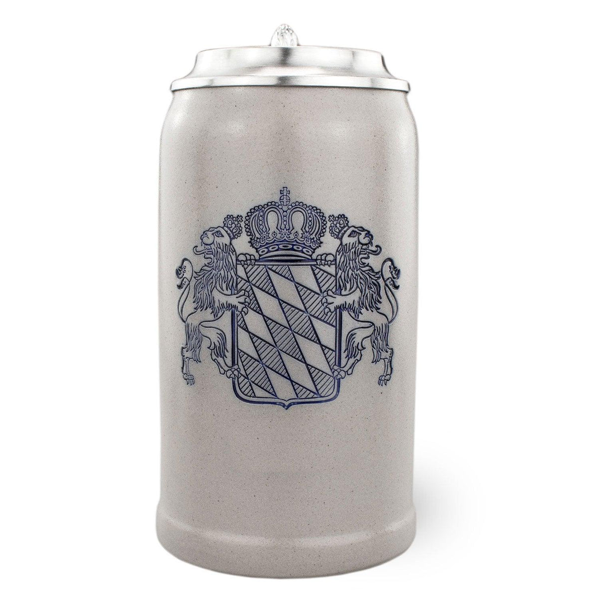 PREMIUM Bierkrug Bayernwappen 1 Liter frontal: Wappen mit Löwe und Krone, blau ausgelegt, Zinndeckel