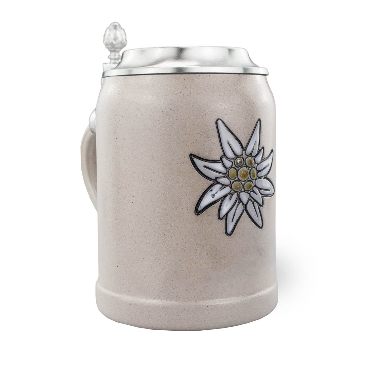 PREMIUM Bierkrug Edelweiß, graue Keramik mit handgemaltem Edelweiß-Motiv und edlem Zinndeckel.