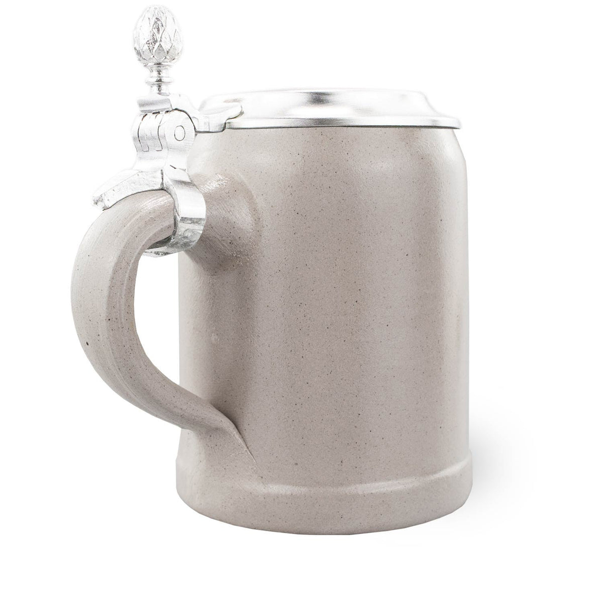 Grauer PREMIUM Bierkrug Edelweiß aus Keramik mit glänzendem Silberscharnier und Edelweiß-Zinndeckel.
