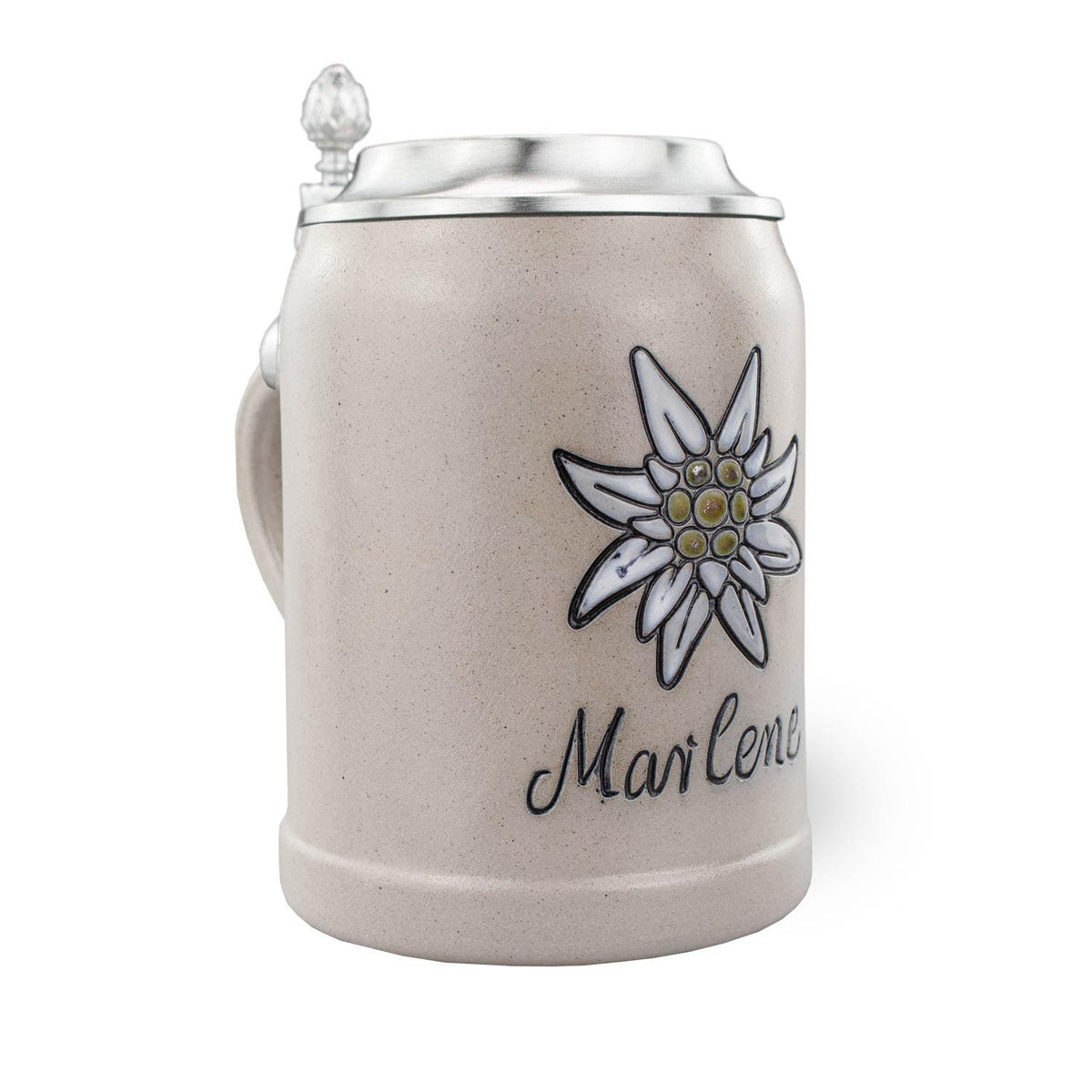 PREMIUM Bierkrug Edelweiß, hellbraun mit Zinndeckel und Reliefdekor einer Edelweißblume, Schriftzug Marlene.